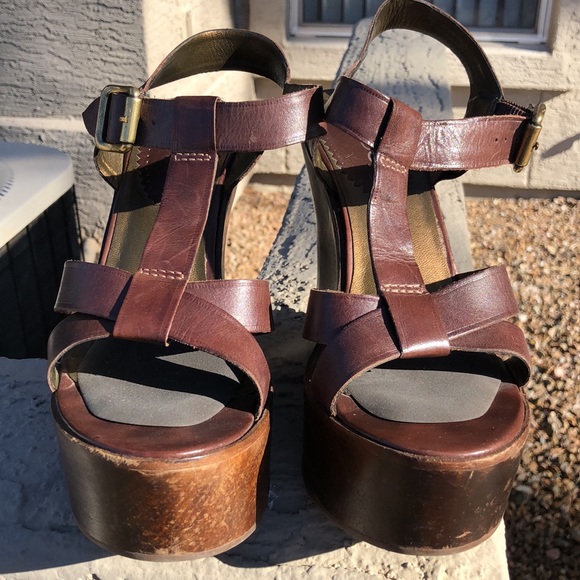 Brown Leather Aldo Wooden Platform Wedge Heeled Sandals!! Size 39 or 8.5 - Picture 14 of 16